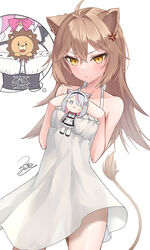  2girls :t ahoge anger_vein animal_ears bare_arms bare_shoulders blush breasts brown_hair character_doll closed_mouth collarbone commentary_request dress frilled_dress frills hair_intakes highres indie_virtual_youtuber lion_ears lion_girl lion_tail lolo_(vtuber) long_hair looking_at_viewer multiple_girls paid_reward_available pout rurudo_lion rurudo_lion_(1st_costume) signature simple_background sleeveless sleeveless_dress small_breasts solo_focus sparkle stuffed_animal stuffed_lion stuffed_toy sundress tail very_long_hair virtual_youtuber white_background white_dress z.m._(zimin) 