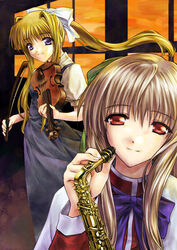  2girls air_(visual_novel) alto_saxophone blonde_hair blue_dress bow brown_hair closed_mouth commentary_request cowboy_shot dress green_ribbons hair_between_eyes hair_intakes hair_ribbon hairbow holding holding_instrument holding_saxophone holding_violin instrument kamio_misuzu kanon kawakami_tomoko kurata_sayuri long_hair looking_at_viewer morino_kiriko multiple_girls pinafore_dress ponytail puffy_short_sleeves puffy_sleeves purple_bow purple_eyes red_eyes ribbon saxophone shirt short_sleeves sidelocks sleeveless sleeveless_dress smile upper_body very_long_hair violin voice_actor_connection white_bow white_shirt window 