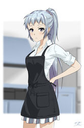  apron black_apron blurry blurry_background blush border breasts cleavage collarbone collared_shirt cowboy_shot dress_shirt female grey_hair hair_ornament hair_scrunchie high_ponytail highres kawasaki_saki kitchen long_hair looking_at_viewer medium_breasts miniskirt mole mole_under_eye parted_lips pink_scrunchie plaid plaid_skirt pleated_skirt purple_eyes school_uniform scrunchie shirt signature skirt sleeves_rolled_up sobu_high_school_uniform solo standing t.r white_border white_shirt wing_collar yahari_ore_no_seishun_lovecome_wa_machigatteiru. 