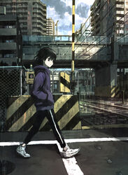  black_eyes black_hair black_pants boom_barrier building cloud cloudy_sky female fence hands_in_pockets highres lamppost original outdoors pants power_lines profile railroad_crossing railroad_tracks shoes short_hair sky solo tokunaga_akimasa walking white_footwear 