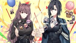  &gt;_&lt; 404_(girls&#039;_frontline) 6+girls :3 absurdres ahoge ahoge_wag aircraft ak-12_(girls&#039;_frontline) ak-15_(girls&#039;_frontline) an-94_(girls&#039;_frontline) angelia_(girls&#039;_frontline) animal_ears anti-rain_(girls&#039;_frontline) bags_under_eyes balloon beret black_eyes black_hair black_jacket black_pants black_shirt black_skirt blonde_hair blue_eyes blue_headwear blue_jacket border braid braided_ponytail breasts brown_eyes brown_hair brown_sweater cat_ears cheering chibi cleavage closed_eyes closed_mouth commentary cosplay crossed_arms expressive_hair eyepatch g11_(girls&#039;_frontline) garland_(decoration) girls&#039;_frontline green_eyes green_hair green_jacket grey_hair hands_on_own_face hands_up hat heterochromia highres hk416_(girls&#039;_frontline) holding holding_balloon holding_clothes holding_jacket hot_air_balloon jacket large_breasts leaning leaning_forward long_hair looking_at_another m16a1_(boss)_(girls&#039;_frontline) m16a1_(girls&#039;_frontline) m4_sopmod_ii_(girls&#039;_frontline) m4_sopmod_ii_(mod3)_(girls&#039;_frontline) m4a1_(girls&#039;_frontline) m4a1_(mod3)_(girls&#039;_frontline) mmm_(ji1945) multicolored_hair multiple_girls open_hands open_mouth pants particle_cannon_case persica_(girls&#039;_frontline) persicaria_(neural_cloud) persicaria_(neural_cloud)_(cosplay) pink_hair platinum_blonde_hair prosthesis prosthetic_arm purple_eyes red_eyes red_hair ro635_(girls&#039;_frontline) rpk-16_(girls&#039;_frontline) scar scar_across_eye scar_on_face shirt side_ponytail sidelocks skirt smile st_ar-15_(girls&#039;_frontline) st_ar-15_(mod3)_(girls&#039;_frontline) sweater thighhighs tied_hair twintails ump45_(girls&#039;_frontline) ump9_(girls&#039;_frontline) very_long_hair white_border white_hair yellow_background yellow_eyes yellow_jacket 