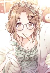  bespectacled blurry blush bokeh bow_hairband breasts cleavage collarbone depth_of_field dress female frilled_hairband frills fur-trimmed_jacket fur_trim glasses green_dress hair_bun hairband highres ichikawa_hinana idolmaster idolmaster_shiny_colors indoors jacket kusaka_io light_brown_hair looking_at_viewer medium_breasts parted_bangs selfie single_side_bun solo strap_slip wavy_hair white_jacket 