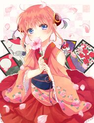  blue_eyes blush bun_cover clothing_cutout double_bun female floral_print flower frilled_sleeves frills gintama hair_between_eyes hair_bun holding holding_flower japanese_clothes kagura_(gintama) kimono looking_at_viewer nuka_(nukamochi) obi orange_hair orange_kimono petals pink_flower print_sleeves red_skirt sash short_hair_with_long_locks shoulder_cutout sidelocks skirt solo 