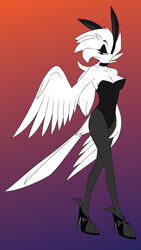  9:16 absurd_res anthro avian bedroom_eyes biped bottomwear breasts breezy_(lotp) choker clothed clothing european_mythology eyeshadow fake_ears fake_rabbit_ears feather_6 feathered_wings feathers female footwear form_fitting greek_mythology hi_res high_heels jewelry legwear makeup mythological_avian mythological_bird mythological_creature mythological_firebird mythology narrowed_eyes necklace non-mammal_breasts pantyhose phoenix playboy_bunny playboy_outfit playboy_suit seductive simple_background solo walking white_fire_(character) whitephoenix52 wings 