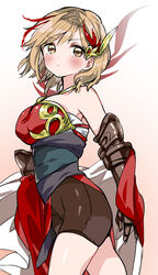  bare_shoulders bike_shorts blonde_hair blush breasts closed_mouth djeeta_(granblue_fantasy) female firedancer&#039;s_roseplume_(granblue_fantasy) from_side frown gauntlets gradient_background granblue_fantasy hair_ornament highres jewelry looking_at_viewer medium_breasts multicolored_hair necklace osakana_(rrg0123) sash short_hair solo streaked_hair yellow_eyes 