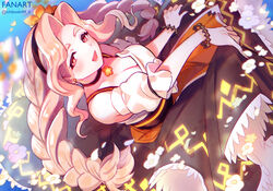  1boshi apron blue_background bracelet braid breasts brown_skirt choker cleavage commentary earrings female flamier_(live_a_hero) flower hair_flower hair_ornament headband jewelry live_a_hero long_hair open_mouth orange_apron pale_skin petals red_eyes shirt skirt skirt_hold smile solo twin_braids twitter_username upper_body watermark wavy_hair white_shirt 