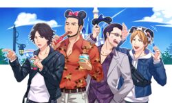  4boys :d animal_ears beard belt black_hair blonde_hair blue_jacket bow chains day drinking_straw eating facial_hair fake_animal_ears fanny_pack formal gold_chain grey_suit hand_in_pocket higashi_tooru jacket judge_eyes kaito_masaharu lamppost md5_mismatch mickey_mouse_ears multiple_boys nashigawa open_mouth orange_shirt pink_bow purple_shirt shirt smile sugiura_fumiya suit sweatdrop white_shirt yagami_takayuki 