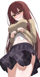  :o absurdres black_skirt blush breasts brown_hair enri_madoka female from_below hair_between_eyes highres idolmaster idolmaster_shiny_colors long_hair looking_at_viewer medium_breasts navel osaki_tenka plaid plaid_skirt pleated_skirt school_uniform simple_background skirt solo straight_hair sweater_vest very_long_hair vest_lift wavy_mouth white_background 