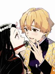  1boy agatsuma_zenitsu bamboo bit_gag black_hair blonde_hair blush coat commentary_request demon_slayer_uniform face-to-face female gag gagged hair_between_eyes hair_ribbon haori head_wreath japanese_clothes kamado_nezuko kimetsu_no_yaiba kimono long_hair long_sleeves multicolored_hair open_mouth pink_eyes red_hair ribbon sakamoto_bin short_hair simple_background smile thick_eyebrows two-tone_hair uniform upper_body white_background yellow_eyes 