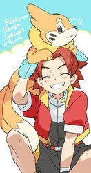  1boy belt blush brown_hair buizel clenched_teeth closed_eyes commentary_request copyright_name dated gloves grin jacket keith_(pokemon_ranger_2) male_focus nibo_(att_130) on_head open_clothes open_jacket parted_bangs pokemon pokemon_(creature) pokemon_on_head pokemon_ranger pokemon_ranger_2 pokemon_ranger_uniform red_jacket short_sleeves shorts smile spread_legs teeth 