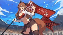  absurdres arena audience banner blue_sky blush breasts brown_eyes brown_hair cleavage cloud commission confetti female flag groin_tendon highres holding holding_flag lansane long_hair looking_at_viewer navel original outdoors shirt skeb_commission skindentation sky smile solo stadium tail thighs tied_shirt tsana_(lansane) waving white_shirt 