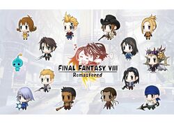  ... 5girls 6+boys bandana blonde_hair brown_hair chakram chibi closed_eyes commentary copyright_name cowboy_hat drooling edea_kramer english_commentary everyone final_fantasy final_fantasy_viii fuujin_(ff8) gun gunblade hat highres hug irvine_kinneas izumisawa_yasuhisa kiros_seagill laguna_loire logo_parody multiple_boys multiple_girls official_art pupu_(ff8) quistis_trepe raijin_(ff8) rinoa_heartilly seifer_almasy selphie_tilmitt sleeping smile spoken_ellipsis squall_leonhart staff ward_zabac weapon zell_dincht 