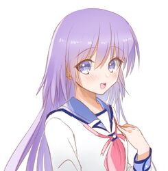  :d angel_beats! blue_eyes blue_sailor_collar blue_skirt blush collared_shirt female hair_between_eyes highres irie_miyuki long_hair long_sleeves looking_at_viewer neck_ribbon neckerchief open_mouth pink_neckerchief pink_ribbon pleated_skirt purple_hair ribbon sailor_collar sailor_shirt school_uniform serafuku shinda_sekai_sensen_uniform shirt simple_background skirt smile solo straight_hair upper_body very_long_hair white_background white_shirt zuzuhashi 