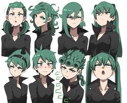  alternate_hair_length alternate_hairstyle artistic_error black_dress blush collared_dress cosplay cosplay_request cropped_torso curly_hair dress female giorno_giovanna green_eyes green_hair hair_between_eyes hair_ornament hairband hairclip hatsune_miku hatsune_miku_(cosplay) highres jojo_no_kimyou_na_bouken jourd4n long_hair looking_at_viewer mandy_(grim_adventures) mandy_(grim_adventures)_(cosplay) medium_hair menacing_(jojo) multiple_views neon_genesis_evangelion one-punch_man open_mouth short_hair simple_background souryuu_asuka_langley souryuu_asuka_langley_(cosplay) tatsumaki the_grim_adventures_of_billy_&amp;_mandy twintails upper_body vento_aureo vocaloid white_background 