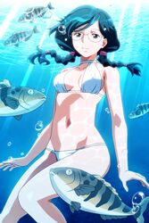  air_bubble aqua_eyes aqua_hair bikini blue_theme braid bubble female floating_hair kinomiya_yukari long_hair navel non-web_source official_art photoshop_(medium) rimless_eyewear round_eyewear smile solo super_real_mahjong swimsuit tanaka_ryou twin_braids underwear underwear_only white_bikini 