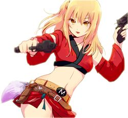  belt belt_buckle blonde_hair blurry blurry_foreground brown_belt brown_eyes buckle closed_mouth cowboy_shot crop_top detached_sleeves dual_wielding female gintama gun hair_between_eyes handgun holding holding_gun holding_weapon kijima_matako long_hair long_sleeves looking_at_viewer microskirt midriff navel nuka_(nukamochi) red_lips red_skirt red_sleeves side_ponytail skirt smile solo stomach weapon white_background 