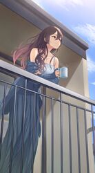  absurdres balcony bare_shoulders black_hair blue_sky camisole collarbone cup day female hair_between_eyes highres holding holding_cup idolmaster idolmaster_shiny_colors jacket jacket_partially_removed long_hair long_skirt looking_afar mug pleated_skirt railing ribbed_jacket shirase_sakuya sjuno skirt sky smile solo wavy_hair yellow_eyes 