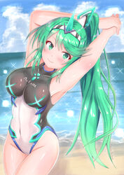  armpits arms_up artist_name bare_shoulders beach black_one-piece_swimsuit blue_sky blush breasts cloud cocoasabure competition_swimsuit covered_navel cowboy_shot day earrings female gradient_background green_eyes green_hair highres jewelry long_hair looking_at_viewer medium_breasts ocean one-piece_swimsuit open_mouth outdoors pneuma_(xenoblade) ponytail pose shiny_clothes signature sky smile solo spoilers standing swept_bangs swimsuit thighs tiara turtleneck very_long_hair xenoblade_chronicles_(series) xenoblade_chronicles_2 