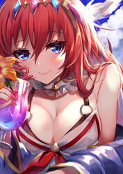  40_(0f0urw) absurdres alexiel_(summer)_(granblue_fantasy) bare_shoulders bikini black_bikini blue_eyes blue_sky blush breasts cleavage collarbone cup detached_collar drinking_glass feather_hair_ornament feathers female godsworn_alexiel granblue_fantasy hair_between_eyes hair_ornament highres large_breasts layered_bikini long_hair looking_at_viewer red_hair sky smile solo swimsuit very_long_hair white_bikini 