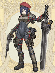  arm_armor armor ass_visible_through_thighs bayonet belt belt_pouch beret black_eyes black_hair bodysuit boots breastplate breasts brown_background camouflage camouflage_footwear character_request closed_mouth covered_navel dairoku_ryouhei dual_wielding english_text female full_body gas_mask goggles grey_bodysuit gun gunblade hair_over_one_eye handgun hat hetza_(hellshock) holding holding_weapon holster knee_boots mask medium_breasts medium_hair military_hat multiple_weapons pouch red_hat respirator revolver shoulder_armor skin_tight smoke_grenade solo standing sword thigh_strap weapon 