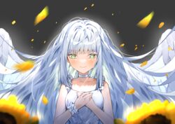  absurdres ai-nohikari bare_arms bare_shoulders blurry blurry_foreground blush breasts choker clip_studio_paint_(medium) closed_mouth collarbone commentary depth_of_field dress english_commentary feathered_wings female flower green_eyes grey_background grey_hair highres long_hair looking_at_viewer original own_hands_together petals sleeveless sleeveless_dress small_breasts smile solo sunflower upper_body very_long_hair white_choker white_dress white_wings wings wrist_cuffs yellow_flower 