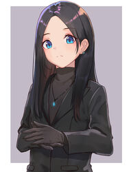  black_gloves black_hair black_jacket blue_eyes blue_gemstone closed_mouth earrings female forehead gem gloves grey_skirt highres itachi_kanade jacket jewelry long_hair long_sleeves looking_at_viewer necklace original own_hands_together pendant simple_background skirt solo tareme upper_body 