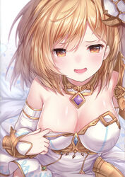  absurdres armor bare_shoulders blonde_hair blush breasts brown_eyes cleavage detached_collar djeeta_(granblue_fantasy) dress female glorybringer_(granblue_fantasy) gold_trim granblue_fantasy hair_ornament highres lips medium_breasts open_mouth pulling_own_clothes scan shiny_skin short_hair shoulder_armor simple_background sleeveless solo topia upper_body 