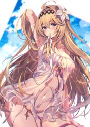  ahoge arm_up babydoll bad_id bad_twitter_id bikini blonde_hair blue_eyes blush breasts cloud cross diadem female flower front-tie_bikini_top front-tie_top granblue_fantasy hair_flower hair_intakes hair_ornament hairband homaderi jeanne_d&#039;arc_(granblue_fantasy) jeanne_d&#039;arc_(summer)_(granblue_fantasy) long_hair navel official_alternate_costume purple_bikini see-through sky solo swimsuit thigh_strap white_flower 