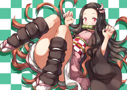  bamboo bit_gag black_hair blush breasts checkered_background checkered_sash claw_pose commentary_request convenient_leg female fingernails forehead full_body gag gagged hair_ribbon haori highres japanese_clothes kamado_nezuko kimetsu_no_yaiba kimono leg_warmers long_hair looking_at_viewer miyabi_(miyabeeya) multicolored_hair obi orange_hair pink_eyes pink_nails ribbon sandals sash shadow sharp_fingernails small_breasts solo thighs two-tone_hair wide_sleeves 