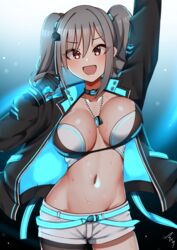  :d absurdres arm_up black_gloves black_thighhighs blush breasts choker dance_on_the_galaxy_(idolmaster) dog_tags drill_hair female gloves grey_hair highres idolmaster idolmaster_cinderella_girls jacket jewelry kanzaki_ranko mabanna navel necklace no_shirt open_clothes open_mouth purple_eyes shorts smile solo sweat thighhighs twin_drills 