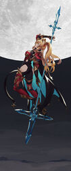  absurdres armor blue_eyes female from_side full_moon granblue_fantasy greaves high_heels highres holding holding_weapon moon polearm solo spear twintails unkobako weapon zeta_(granblue_fantasy) 