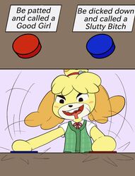  animal_crossing anthro ass bell blue_button blush bodily_fluids breasts canid canine canis cardigan choice clothing domestic_dog drooling english_text fangs female fur good_girl happy_harvey hi_res isabelle_(animal_crossing) mammal motion_lines nintendo phone_drawing pressing_button profanity red_button ribbons saliva shirt small_breasts solo teeth text topwear vest yellow_body yellow_fur 