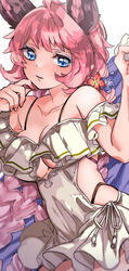  absurdres animal_ears bare_shoulders blue_eyes breasts casual_one-piece_swimsuit cleavage clothing_cutout collared_shirt erune female flower frilled_one-piece_swimsuit frills granblue_fantasy hair_flower hair_ornament highres lips medium_breasts official_alternate_costume one-piece_swimsuit osakana_(rrg0123) parted_lips pink_shirt shirt side_cutout solo swimsuit tien_(granblue_fantasy) tien_(twins_on_vacation)_(granblue_fantasy) tri_braids tri_tails underboob_cutout white_one-piece_swimsuit 