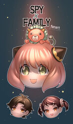  1boy 2girls anya_(spy_x_family) becky_blackbell black_hair brown_hair damian_desmond director_chimera_(spy_x_family) green_eyes highres lolicon multiple_girls on_head open_mouth pink_hair rasneko short_hair spy_x_family stuffed_animal stuffed_toy twintails 