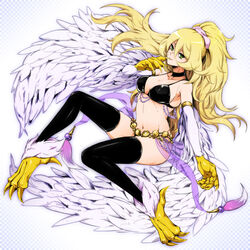 1:1 avian black_clothing black_legwear blonde_hair chiyo_(no3baki) claws clothing duel_monster european_mythology feathered_wings feathers feet female greek_mythology green_eyes hair harpie_dancer harpy humanoid konami legwear long_hair looking_at_viewer monster_girl_(genre) mythological_avian mythological_creature mythology not_furry ponytail solo talons thigh_highs toes winged_humanoid wings yu-gi-oh!