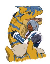 capcom clothing da_shangzhi_zhi dragon duo european_mythology flying_wyvern hug human male mammal monster_hunter mythological_creature mythological_scalie mythology pseudowyvern scalie tigrex western_dragon wyvern