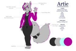 3:2 4_toes acethebigbadwolf anthro artie artie_(acethebigbadwolf) biped canid canine canis clothing collar digital_media_(artwork) english_text feet female fluffy fluffy_tail hi_res jewelry mammal model_sheet piercing simple_background smile solo standing tail text toes wolf