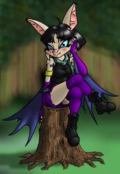 anthro bat biped black_hair blush boots bottomwear clothing crossed_legs dachimotsu detailed_background female footwear forest ghost_bat gloves hair handwear hi_res legwear mammal megabat megadermitid microbat outside plant scarf school_uniform shade_(ty) sitting sitting_on_stump skirt smile socks solo sweater topwear tree tree_stump ty_the_tasmanian_tiger_(series) uniform