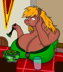 2014 anthro big_breasts blonde_hair bodily_fluids breasts building cleavage clothed clothing detailed_background digital_media_(artwork) equid equine female gingie green_eyes hair horse house huge_breasts mammal mirroid mirroidal nipple_outline overweight overweight_anthro overweight_female sad solo tears