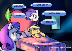 2014 applejack_(mlp) bakki bed blonde_hair blue_eyes blush closed_eyes crossover duo earth_pony electronic_arts english_text equid equine female friendship_is_magic furniture gem hair hasbro heart_symbol horn horse mammal maxis_(ea) my_little_pony mythological_creature mythological_equine mythology pillow plumbob pony purple_hair rarity_(mlp) sleeping text the_sims unicorn