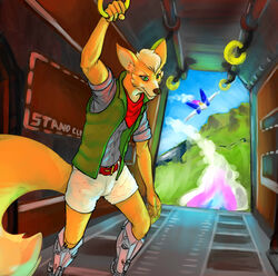 2014 aircraft airplane anthro bionics canid canine clothing cybernetics cyborg digital_media_(artwork) digital_painting_(artwork) flying fox fox_mccloud fur hair hi_res high_place inside_airplane jet looking_at_viewer machine male mammal nintendo outside shanegdraco ship shirt sky smile solo star_fox topwear vehicle water watercraft wings