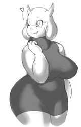 anthro big_breasts boss_monster_(undertale) bovid breasts caprine digital_media_(artwork) fangs female heart_symbol horn mammal monochrome one_eye_closed punipuri slightly_chubby solo teeth toriel undertale undertale_(series) wide_hips wink