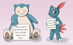 16:10 ambiguous_gender blush conversational_sign dogshaming duo eddiew english_text generation_1_pokemon generation_2_pokemon holding_object holding_sign humor meme nintendo placard pokemon pokemon_(species) sign simple_background sneasel snorlax text widescreen