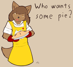 amber_eyes anthro apron black_nose bowman&#039;s_wolf brown_body brown_fur brown_hair canid canine canis clothing dessert english_text female florence_ambrose food freefall_(webcomic) fur hair handwear mammal open_mouth oven_mitts pastry pie red_wolf shirt solo starfighter text topwear white_body white_fur wolf yellow_eyes