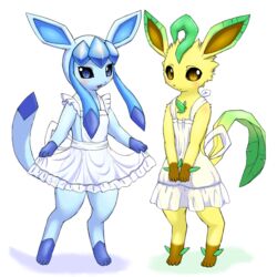 1:1 anthro anthrofied apron black_nose blue_eyes blush brown_eyes clothed clothing digitigrade duo eeveelution female frilly fuddy fur generation_4_pokemon glaceon leafeon looking_at_viewer nintendo pokemon pokemon_(species) pokemorph pupils simple_background slit_pupils standing translucent translucent_clothing white_background yellow_body yellow_fur