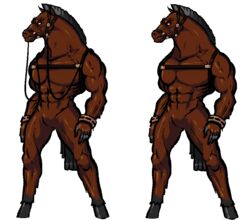 alpha_channel angry anthro bands breeding_season brown_body brown_fur digital_media_(artwork) equid equine fur hooves horse leather male mammal muscular muscular_anthro muscular_male pixel_(artwork) s-purple simple_background solo transparent_background