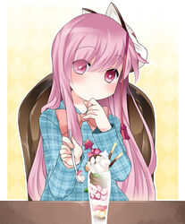 animal_mask asian_mythology candy chair chocolate clothing container cup cutlery dessert east_asian_mythology female food fox_mask fruit furniture hair hammer_(sunset_beach) hata_no_kokoro holding_object holding_spoon ice_cream japanese_mythology kitchen_utensils long_hair long_sleeves mask menreiki mythology not_furry pattern_clothing pattern_shirt pattern_topwear pink_eyes pink_hair plaid plaid_clothing plaid_shirt plaid_topwear plant pocky ribbons shirt sitting solo spoon star strawberry sundae table tools topwear touhou yokai