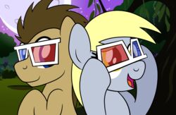 2014 3d_glasses blonde_hair blue_eyes brown_hair derp_eyes derpy_hooves detailed_background doctor_whooves_(mlp) duo earth_pony equid equine eyewear female feral forest friendship_is_magic glasses hair hasbro horse male mammal moon my_little_pony night outside plant pony star theairevolution tree yellow_eyes