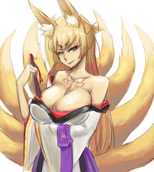 animal_humanoid big_breasts blonde_hair breasts canid canid_humanoid canine canine_humanoid cleavage clothed clothing female fox fox_humanoid green_eyes hair humanoid lips looking_at_viewer mammal mammal_humanoid monster_girl_(genre) monster_girl_quest multi_tail smile solo tail tamamo wizard898