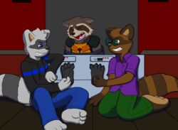 anthro bound chaos99 eyewear glasses group guardians_of_the_galaxy hi_res hindpaw laugh male mammal marvel paws procyonid raccoon rocket_raccoon tickling